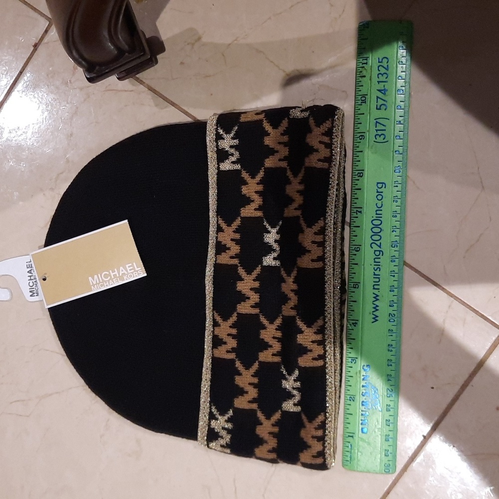 Authentic Michael Kors GORGEOUS SIZE XL CAP TOUQUE 🎁 BLACK METALLIC GOLD
